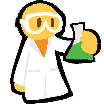 an emoji-yellow person holding up a flask of green liquid. they're wearing a lab coat and goggles. the image has a black outline